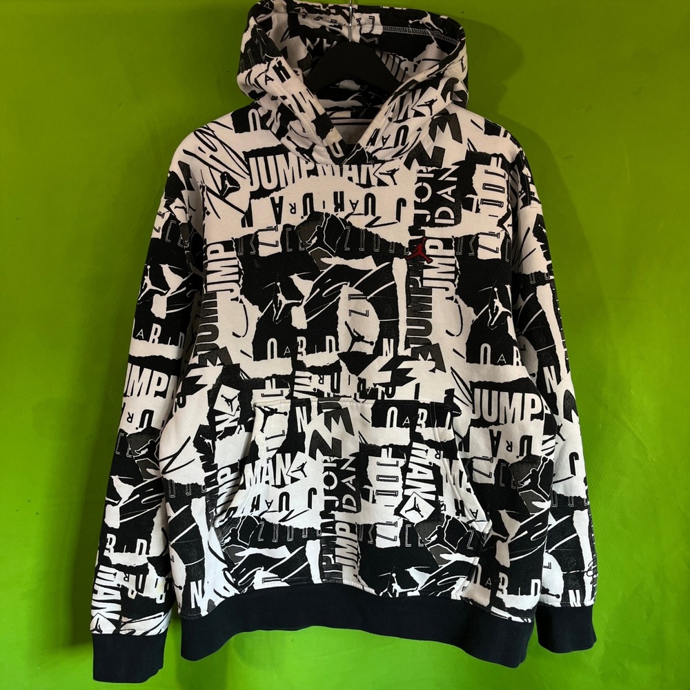 VTG Jordan Jumpman Allover Print Hoodie Mens Large Black White Fleece Pullover